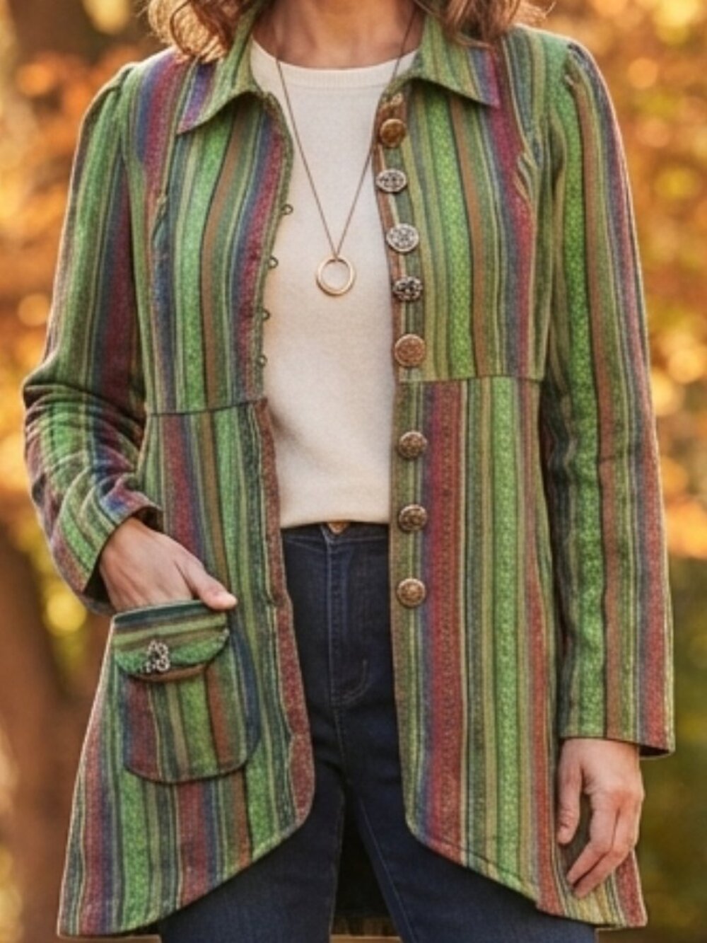 Jayli Boho Striped Tapestry Jacket Sz L, Ikat Stripe Cotton Coat, Nepal Handwove